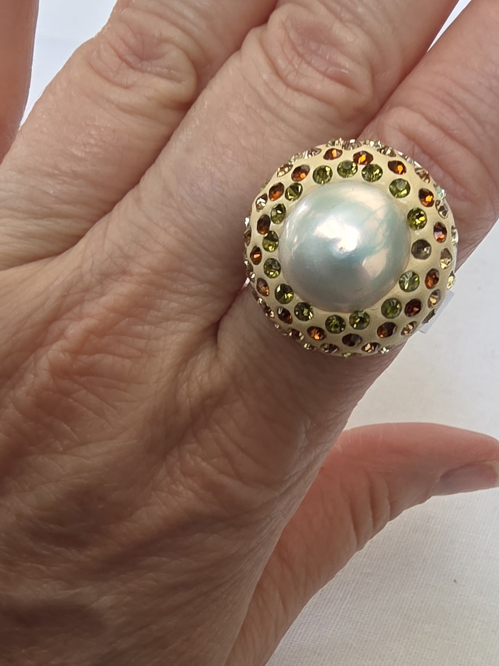 Classic Faux Pearl Cocktail Ring with Green and Amber Accents